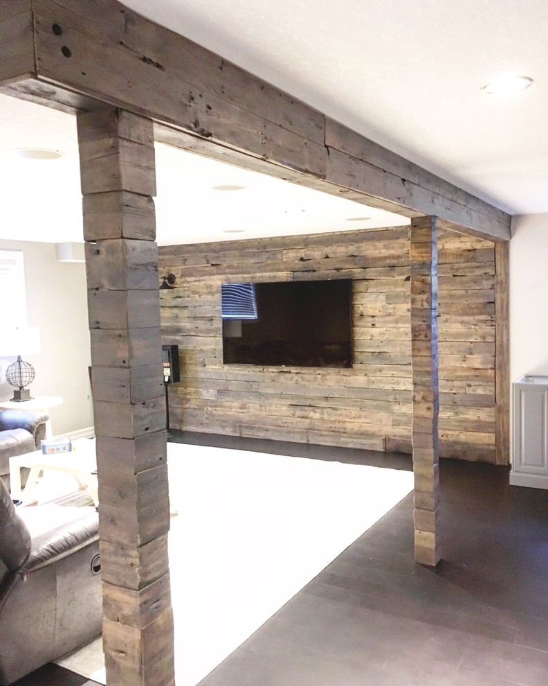 Wood Feature Walls Rustic Basement Calgary by His and Her Home