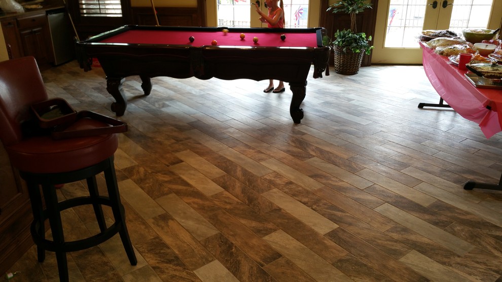Wood Grain Tile on Diagonal in Springdale Home Modern Basement