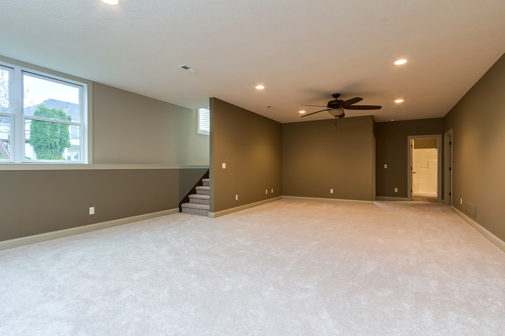 Mid-sized transitional carpeted and brown floor basement photo in Chicago with brown walls