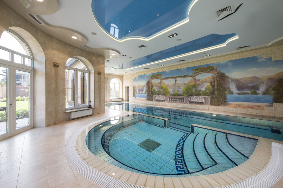 Photo of a mediterranean indoor custom shaped lengths hot tub in Moscow with tiled flooring.