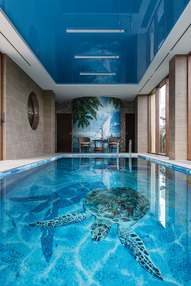 Contemporary indoor rectangular lengths swimming pool in Moscow.