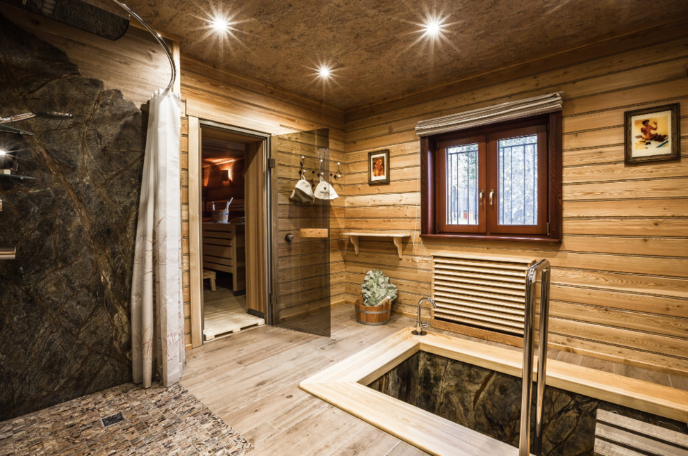 Photo of a farmhouse indoor swimming pool in Moscow with tiled flooring.