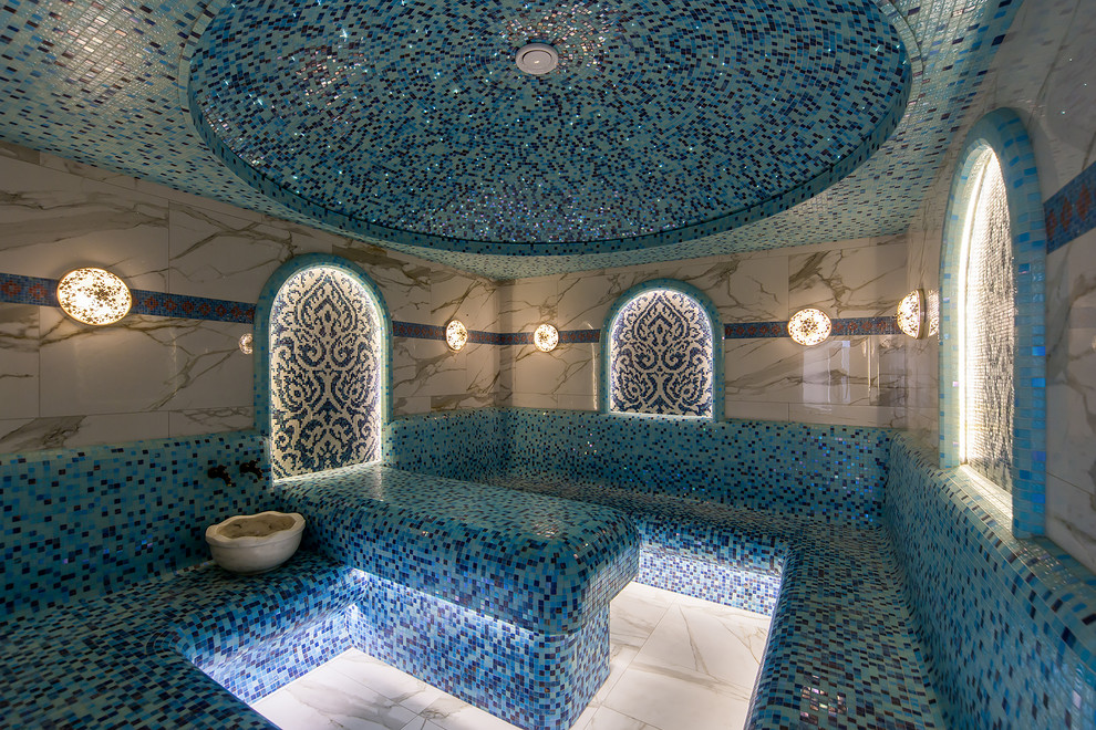 Idéer för att renovera en stor orientalisk inomhus, rektangulär pool