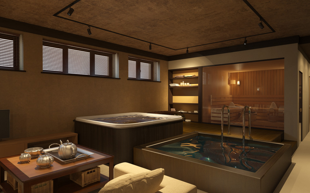 Свежая идея для дизайна: большой естественный, прямоугольный бассейн в доме в скандинавском стиле с джакузи и покрытием из плитки - отличное фото интерьера