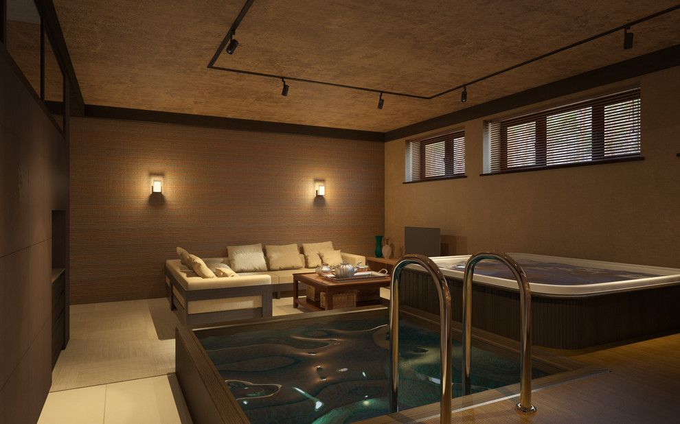 Idée de décoration pour une grande piscine intérieure naturelle nordique rectangle avec un bain bouillonnant et du carrelage.