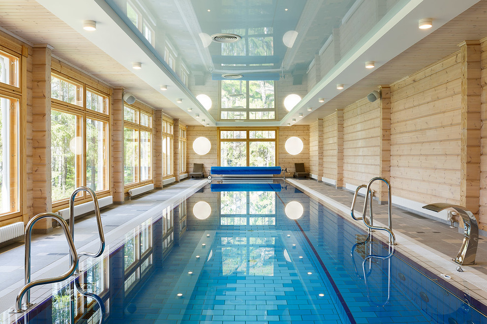 Design ideas for a rural indoor rectangular swimming pool in Saint Petersburg.