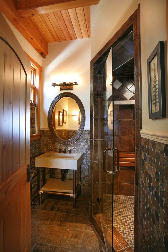 Alcove shower - mid-sized rustic 3/4 multicolored tile and ceramic tile porcelain tile alcove shower idea in Other with a pedestal sink and white walls