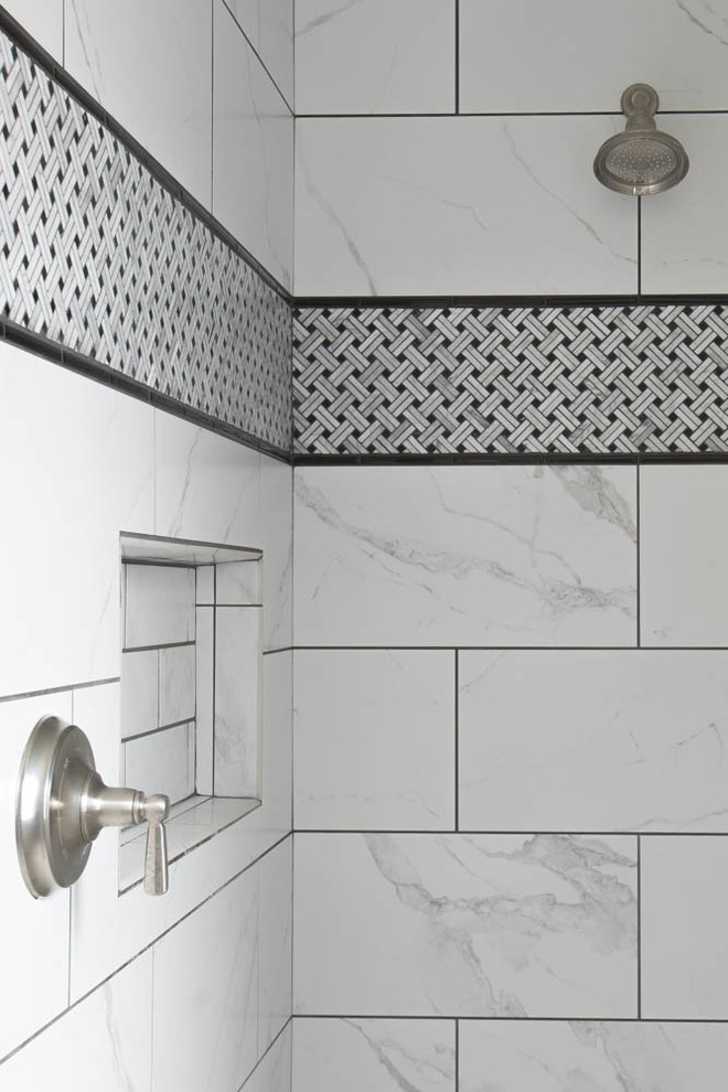 Example of a mid-sized eclectic master black and white tile and ceramic tile ceramic tile and white floor bathroom design in Columbus with shaker cabinets, white cabinets, a two-piece toilet, white walls, an undermount sink and quartzite countertops