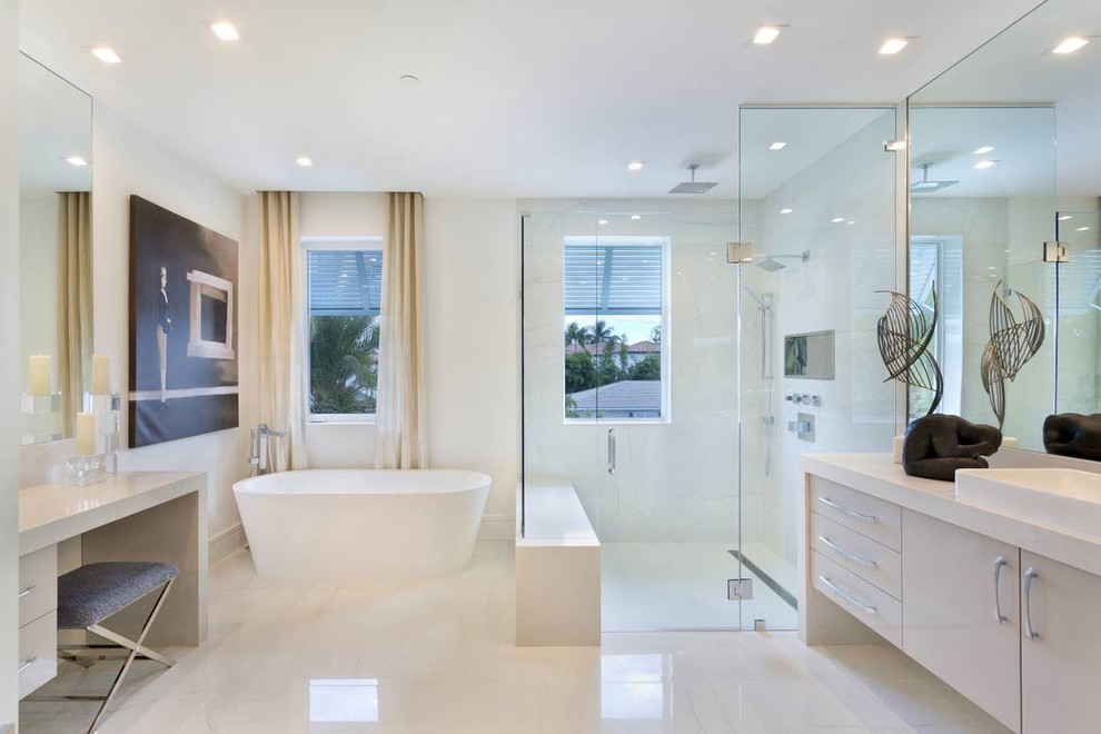 Inspiration for a mid-sized modern master porcelain tile and beige floor alcove shower remodel in Other with flat-panel cabinets, light wood cabinets, a one-piece toilet, white walls, an undermount sink, solid surface countertops, a hinged shower door and beige countertops