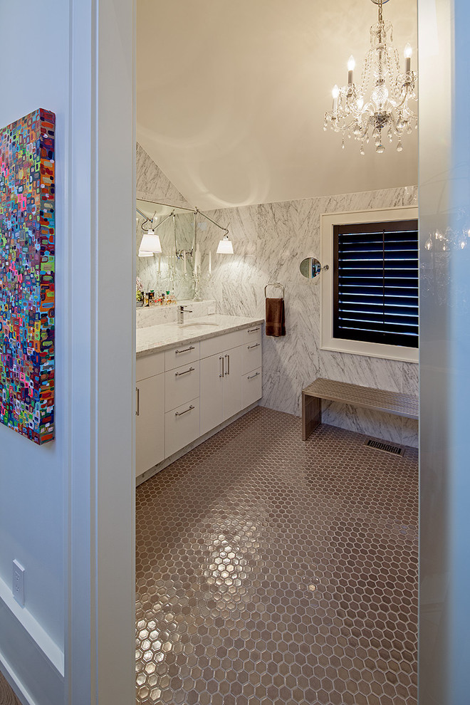 Photo of a bohemian bathroom in Toronto with a submerged sink, flat-panel cabinets, white cabinets, brown tiles and mosaic tiles.