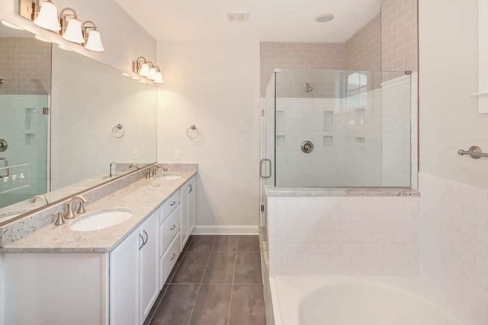 Transitional master white tile and ceramic tile ceramic tile bathroom photo in DC Metro with white cabinets, granite countertops, a two-piece toilet and white walls