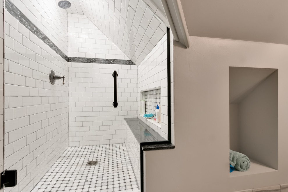 Alcove shower - small transitional 3/4 white tile and subway tile porcelain tile and gray floor alcove shower idea in Minneapolis with louvered cabinets, gray cabinets, white walls, an undermount sink, marble countertops, a hinged shower door and white countertops