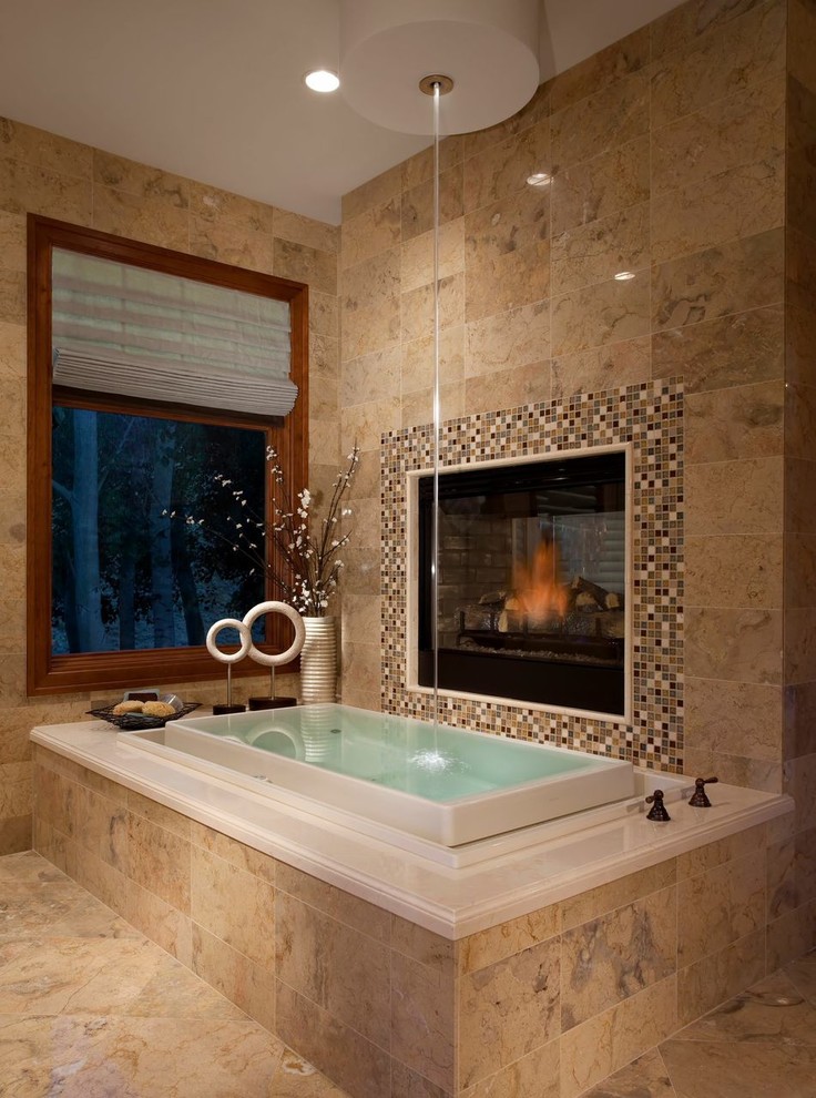 Inspiration för ett funkis badrum, med ett platsbyggt badkar