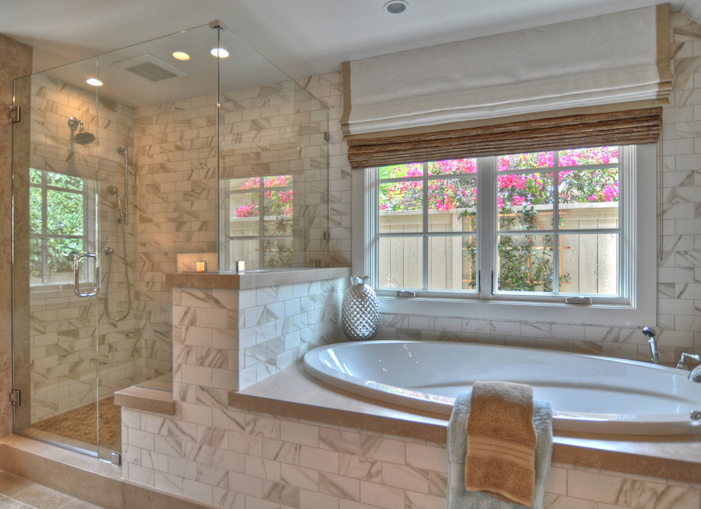 Example of a beach style subway tile bathroom design in Los Angeles