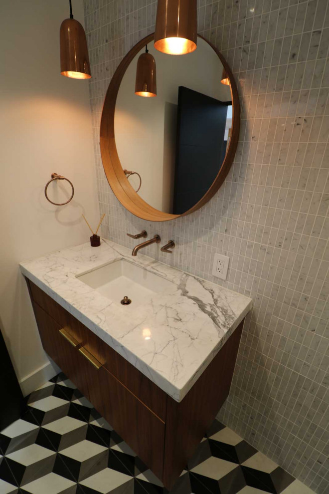 Inspiration for a mid-sized master white tile and marble tile double-sink bathroom remodel in Orange County with open cabinets, white cabinets, a one-piece toilet, an integrated sink, granite countertops, white countertops and a built-in vanity