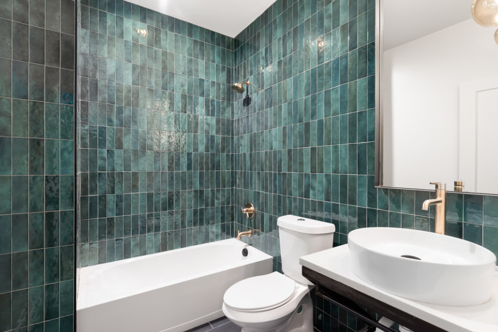 Inspiration for a modern green tile and porcelain tile porcelain tile, gray floor and single-sink drop-in bathtub remodel in Denver with open cabinets, black cabinets, green walls, an undermount sink, quartzite countertops, white countertops and a floating vanity