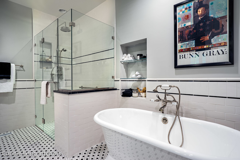 Inspiration for a large timeless master white tile and subway tile mosaic tile floor and multicolored floor bathroom remodel in Nashville with white walls, a console sink, marble countertops and a hinged shower door