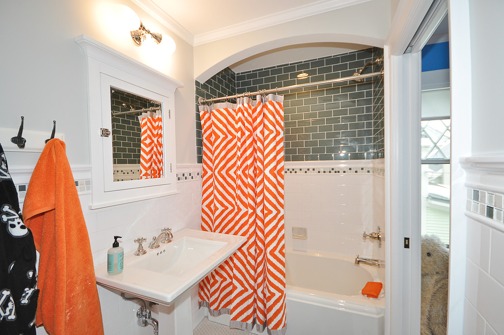 Inspiration for a timeless subway tile, gray tile and white tile bathroom remodel in Minneapolis with a wall-mount sink
