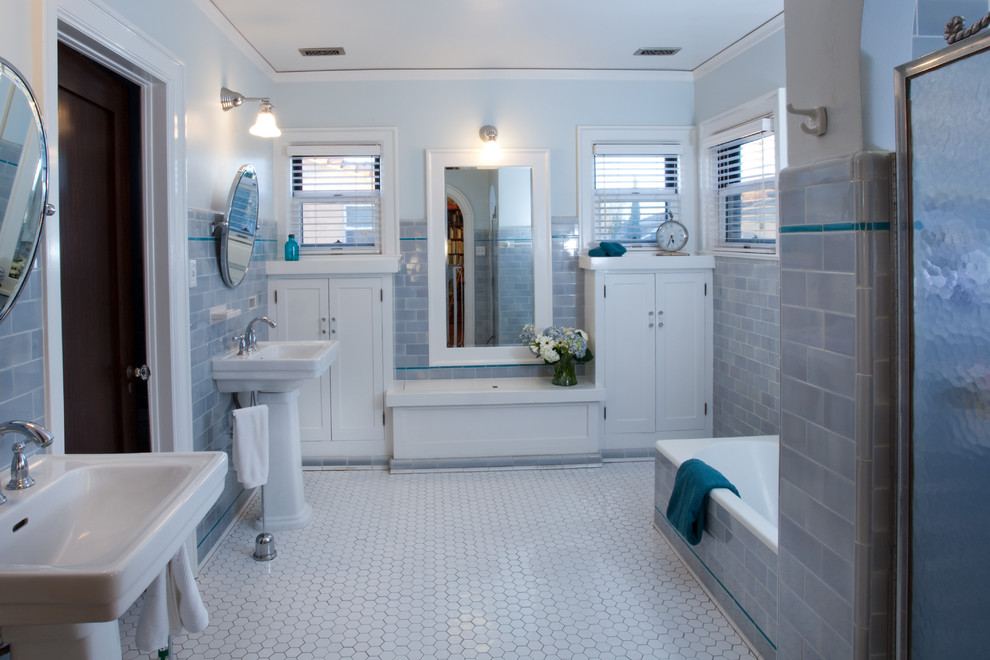 Bathroom - eclectic master blue tile and subway tile mosaic tile floor bathroom idea in San Diego with shaker cabinets, white cabinets, a two-piece toilet, blue walls and a pedestal sink