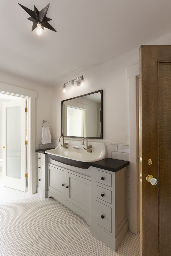 Traditional family bathroom in San Francisco with recessed-panel cabinets, grey cabinets, white tiles, metro tiles, white walls and mosaic tile flooring.