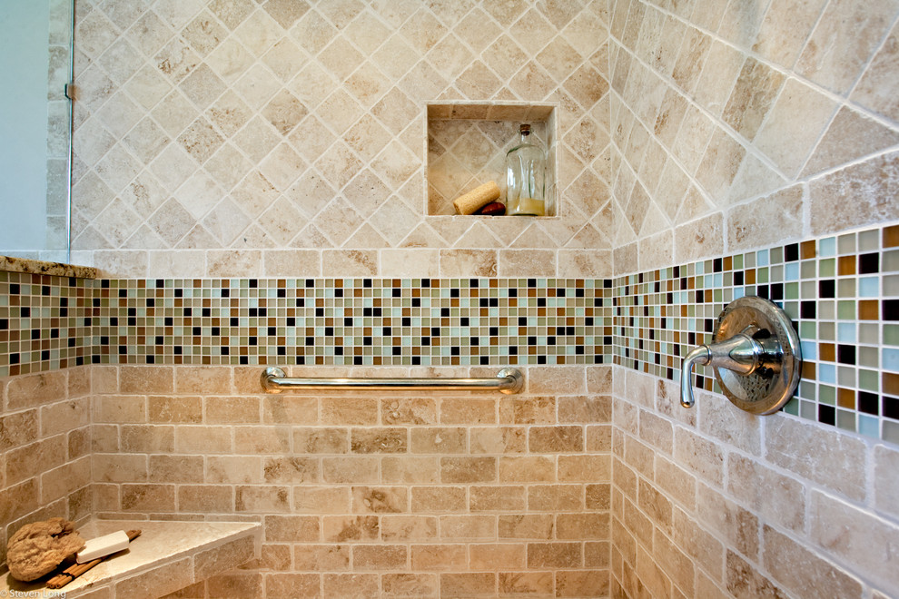 Bathroom - traditional beige tile and stone tile travertine floor bathroom idea in Nashville with raised-panel cabinets, light wood cabinets, granite countertops, a two-piece toilet and an undermount sink