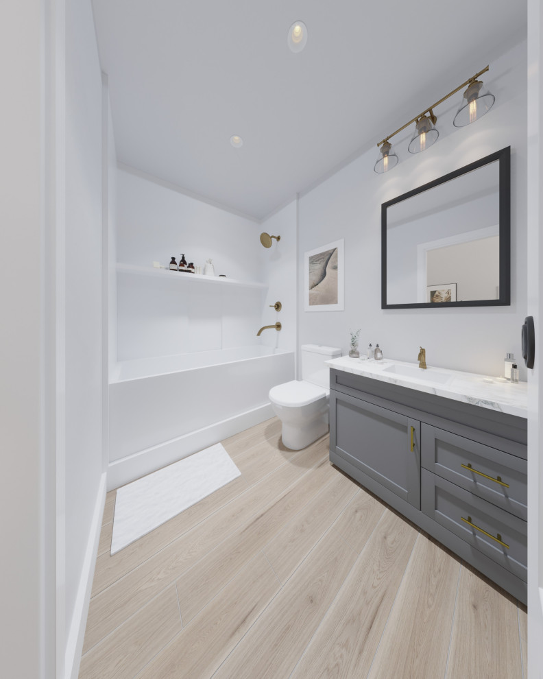 Medium sized beach style bathroom in San Diego with shaker cabinets, grey cabinets, a built-in bath, vinyl flooring, a submerged sink, engineered stone worktops, beige floors, white worktops, a single sink and a built in vanity unit.