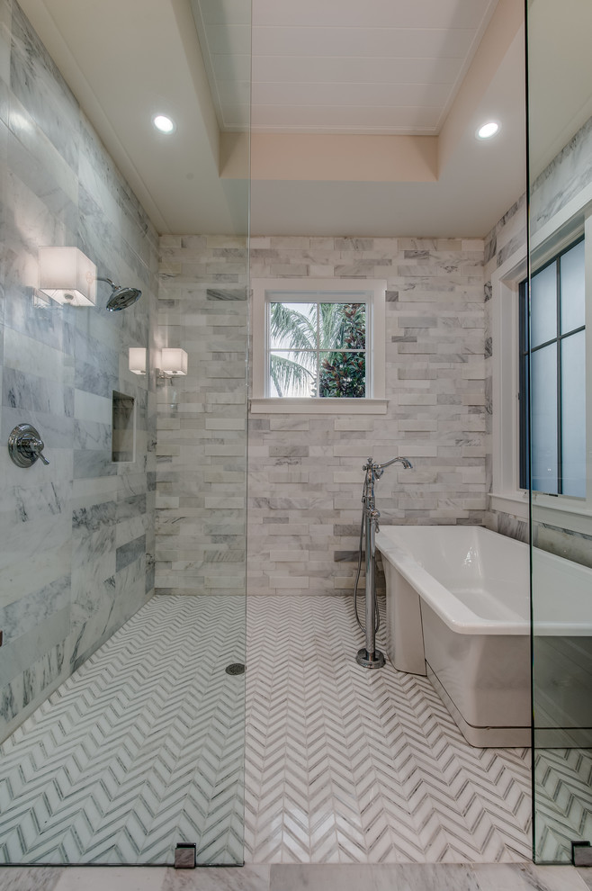 Bathroom - large transitional master white tile marble floor bathroom idea in Other with recessed-panel cabinets, white cabinets, marble countertops and gray walls