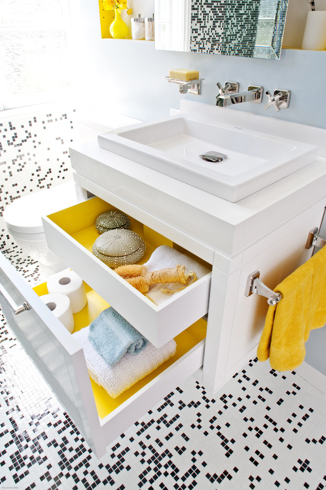 Mid-sized trendy 3/4 black and white tile and mosaic tile mosaic tile floor and multicolored floor bathroom photo in San Francisco with a vessel sink, flat-panel cabinets, white cabinets and white countertops