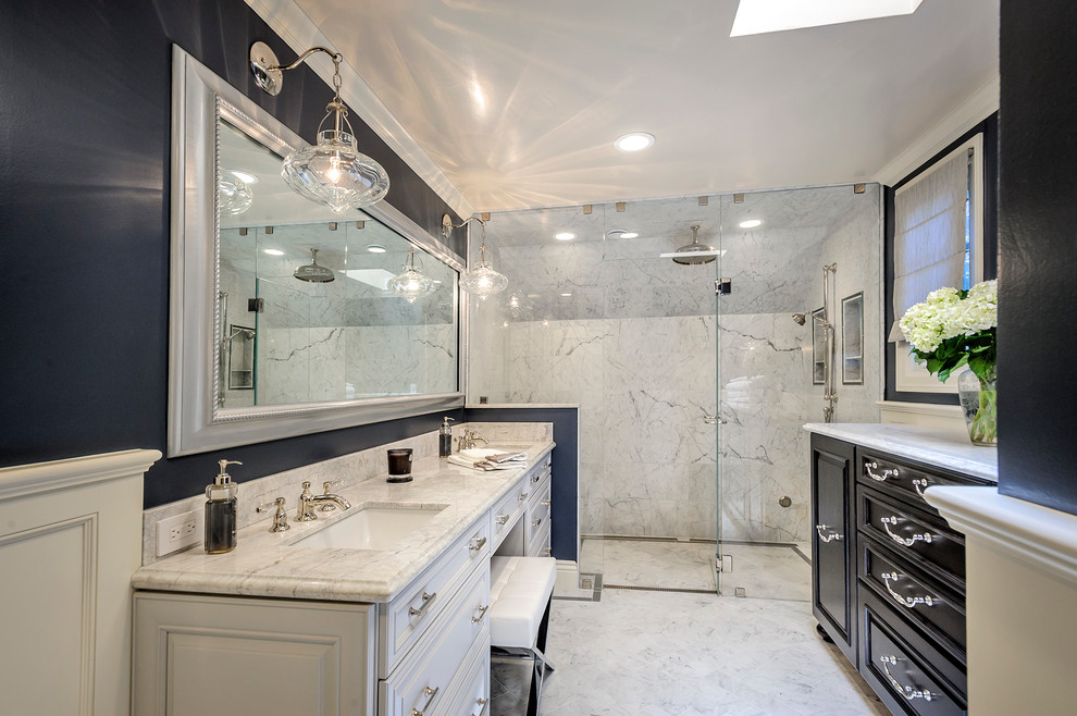 Inspiration for a traditional bathroom in San Francisco with raised-panel cabinets, a submerged sink, white cabinets, a built-in shower and white tiles.