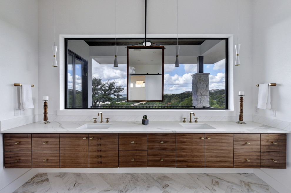 Trendy master multicolored floor and double-sink bathroom photo in Austin with flat-panel cabinets, dark wood cabinets, white walls, an undermount sink and white countertops
