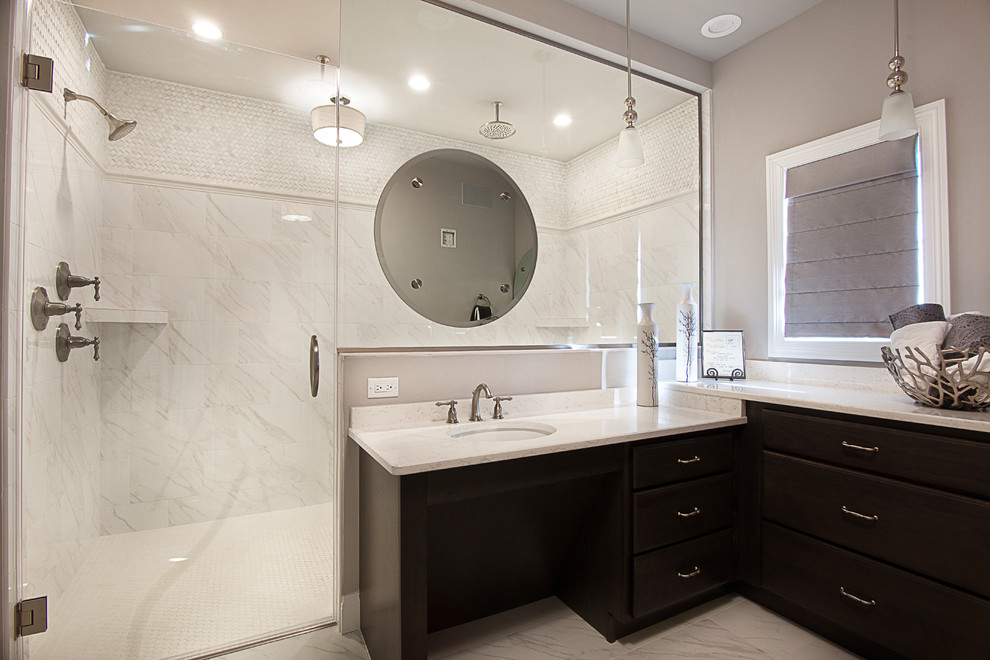 Large elegant master white tile and porcelain tile porcelain tile walk-in shower photo in Milwaukee with an undermount sink, flat-panel cabinets, gray cabinets, quartz countertops, a two-piece toilet and gray walls