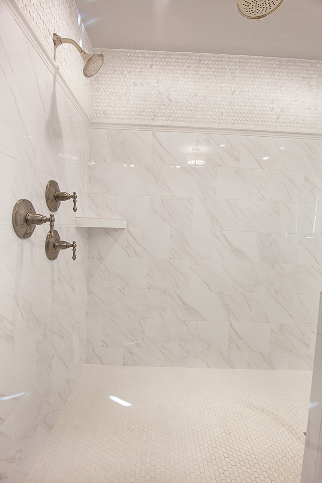Walk-in shower - large traditional master white tile and porcelain tile porcelain tile walk-in shower idea in Milwaukee with an undermount sink, flat-panel cabinets, gray cabinets, quartz countertops, a two-piece toilet and gray walls