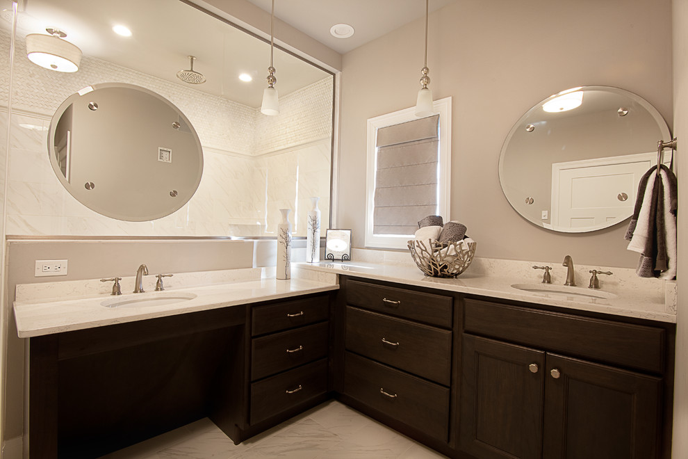Example of a large classic master white tile and porcelain tile porcelain tile walk-in shower design in Milwaukee with an undermount sink, flat-panel cabinets, gray cabinets, quartz countertops, a two-piece toilet and gray walls