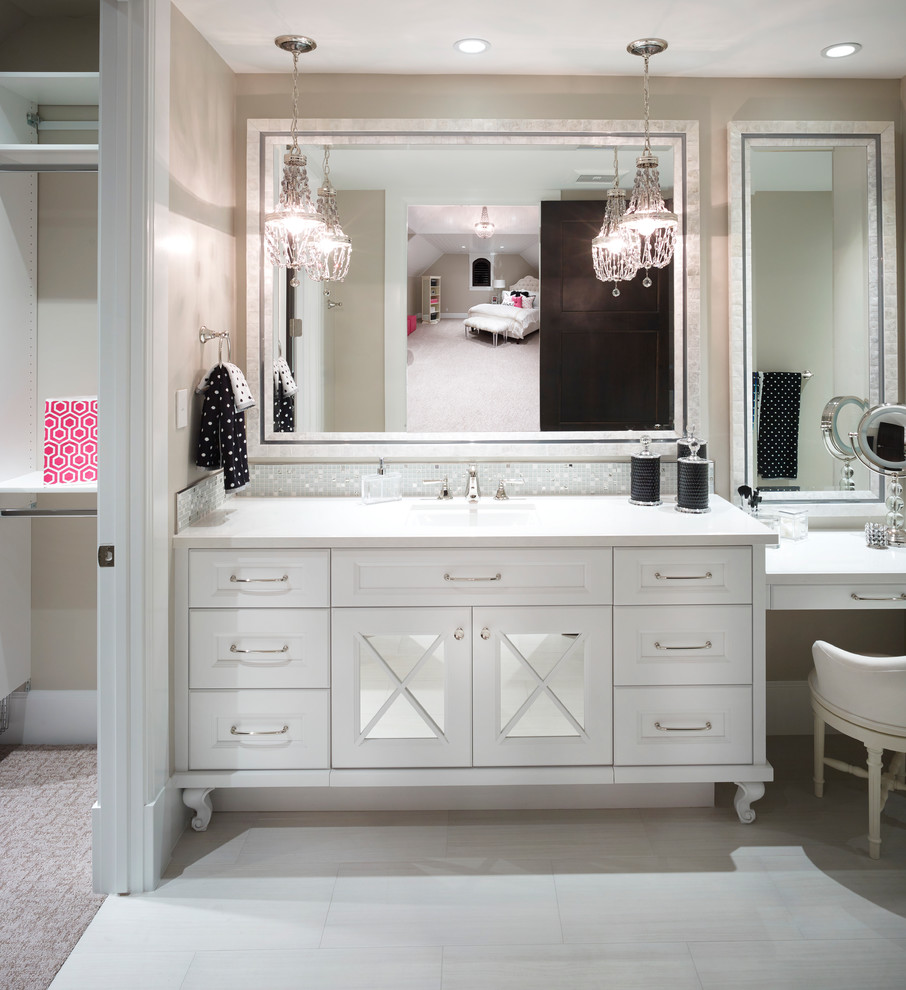 Mid-sized transitional master white tile and mosaic tile ceramic tile and white floor bathroom photo in Salt Lake City with recessed-panel cabinets, white cabinets, beige walls, an undermount sink and marble countertops