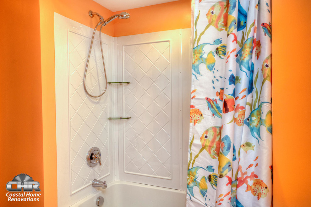 Beach style beige tile and cement tile cement tile floor bathroom photo in Other with shaker cabinets, white cabinets, orange walls, an undermount sink and quartz countertops