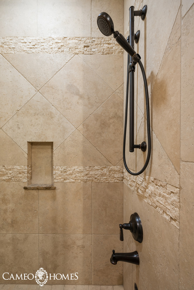Inspiration for a large rustic beige tile and stone tile porcelain tile alcove shower remodel in Salt Lake City with a trough sink, flat-panel cabinets, dark wood cabinets, a two-piece toilet, white walls and wood countertops