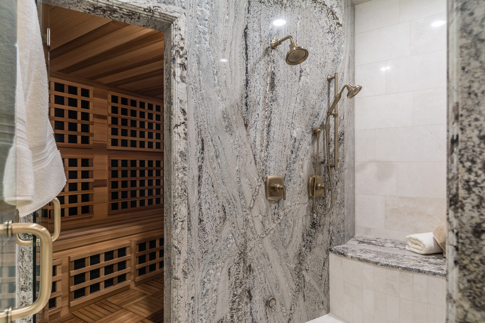 Huge transitional stone tile bathroom photo in Salt Lake City with a bidet and a drop-in sink