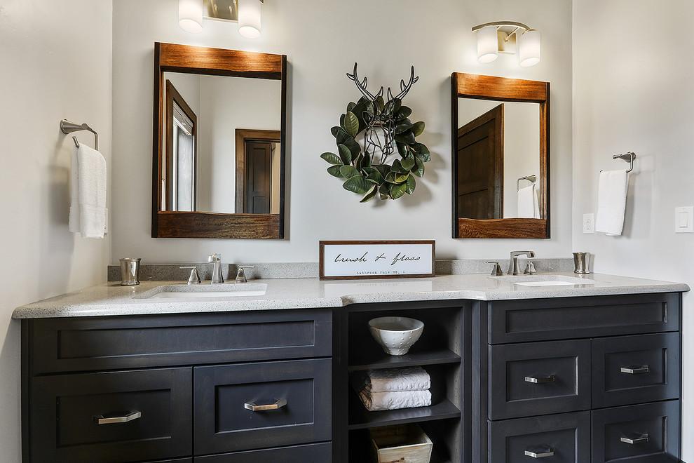 Inspiration for a mid-sized craftsman kids' gray tile vinyl floor and white floor bathroom remodel in Other with flat-panel cabinets, dark wood cabinets, an undermount sink, quartzite countertops and gray walls