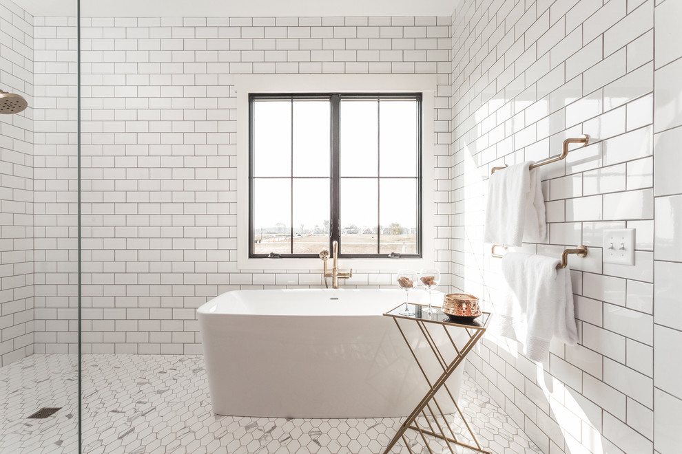 Inspiration for a large farmhouse master white tile and subway tile ceramic tile and white floor bathroom remodel in Indianapolis with furniture-like cabinets, dark wood cabinets, a two-piece toilet, white walls, an undermount sink and wood countertops
