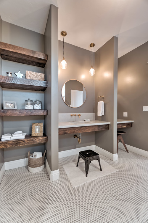 Rustic Retreat: Embrace Farmhouse Flair with Wood Shelves as Bathroom Storage Solutions