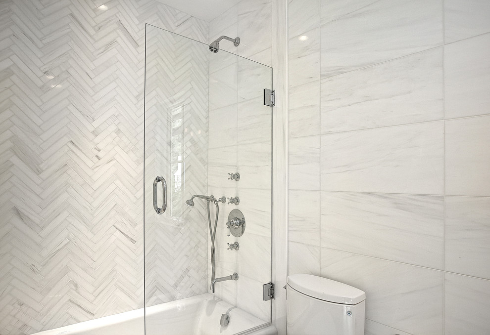 Inspiration for an expansive classic family bathroom in New York with open cabinets, white cabinets, an alcove bath, a walk-in shower, a two-piece toilet, grey tiles, marble tiles, white walls, marble flooring, quartz worktops, grey floors and a hinged door.