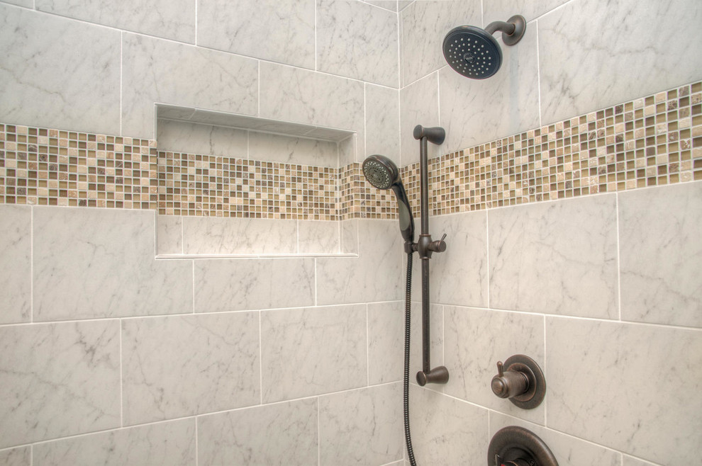 Large transitional master beige tile and ceramic tile medium tone wood floor alcove shower photo in Other with shaker cabinets, white cabinets, an undermount sink, granite countertops and yellow walls