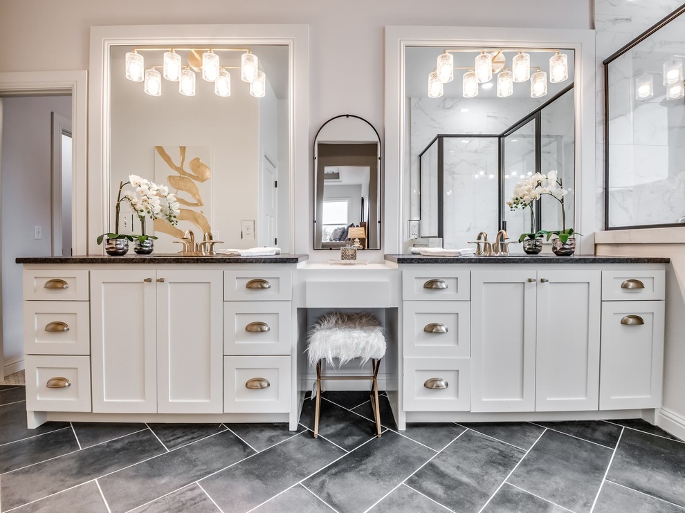 Large country master multicolored tile and ceramic tile ceramic tile and gray floor wet room photo in Oklahoma City with shaker cabinets, white cabinets, a one-piece toilet, gray walls, an undermount sink, granite countertops, a hinged shower door and multicolored countertops