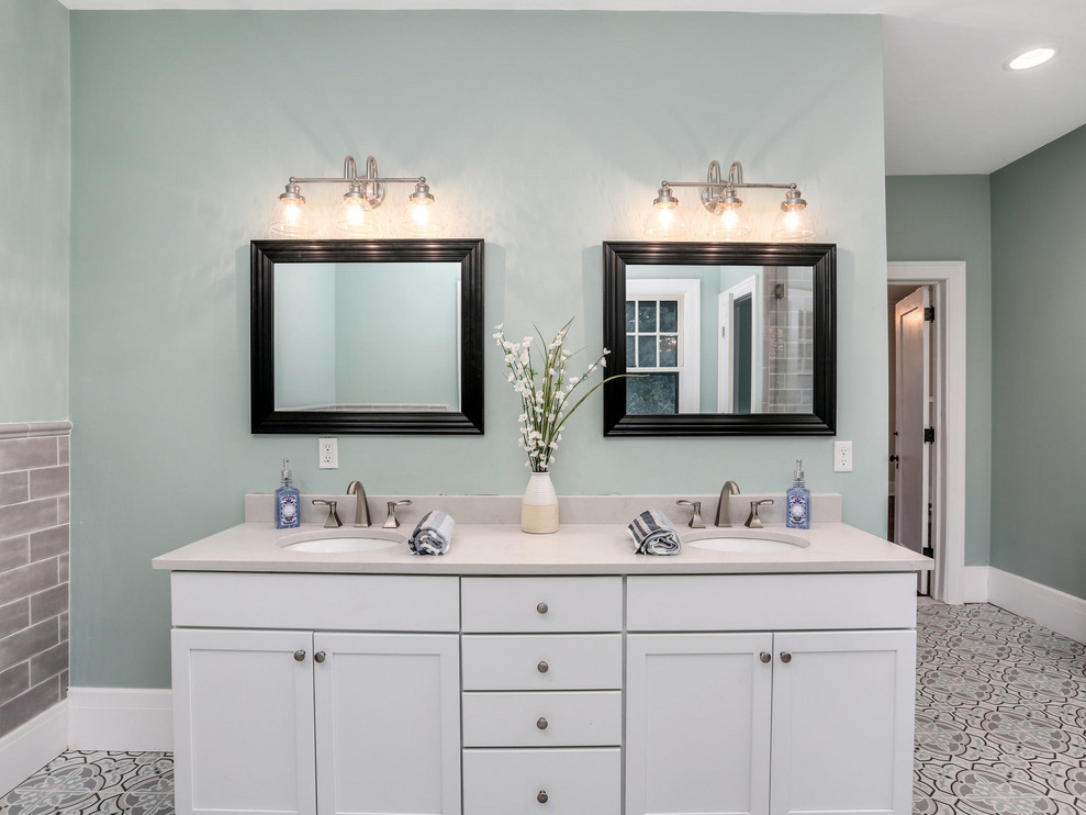Bathroom - large traditional master gray tile and subway tile ceramic tile and multicolored floor bathroom idea in Detroit with white cabinets, green walls, an undermount sink, quartz countertops, a hinged shower door and white countertops