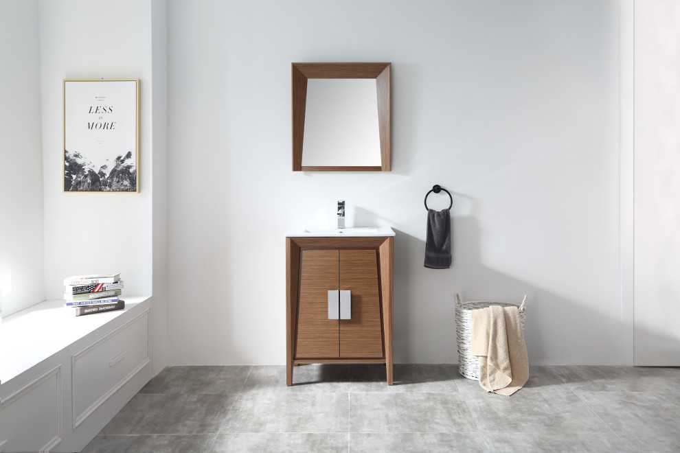 Diseño de cuarto de baño único y de pie actual pequeño con lavabo bajoencimera