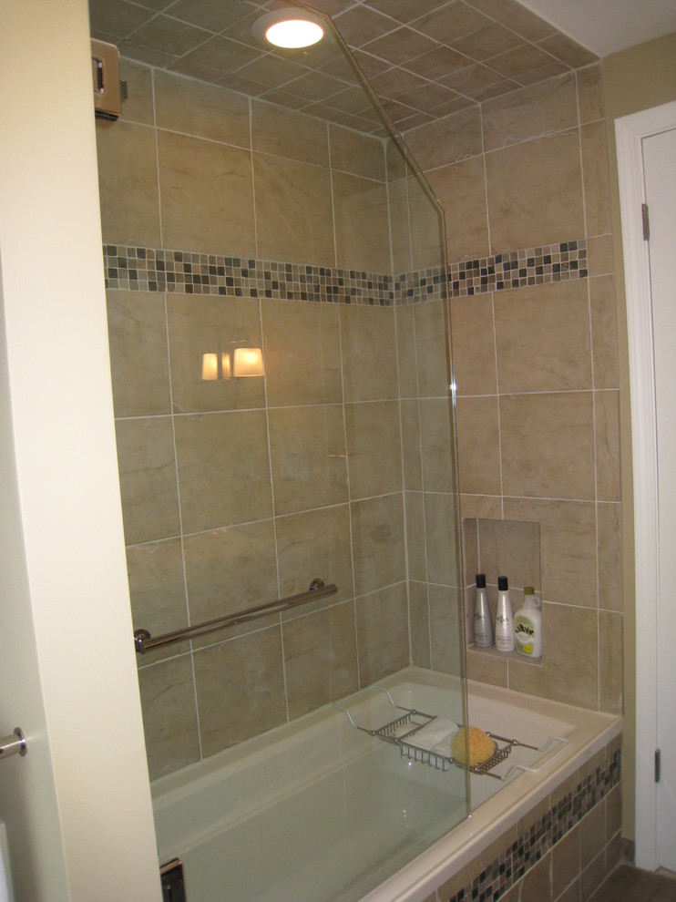 3/4 Frameless Tub Shower Door with Dark Cabinets - Transitional ...