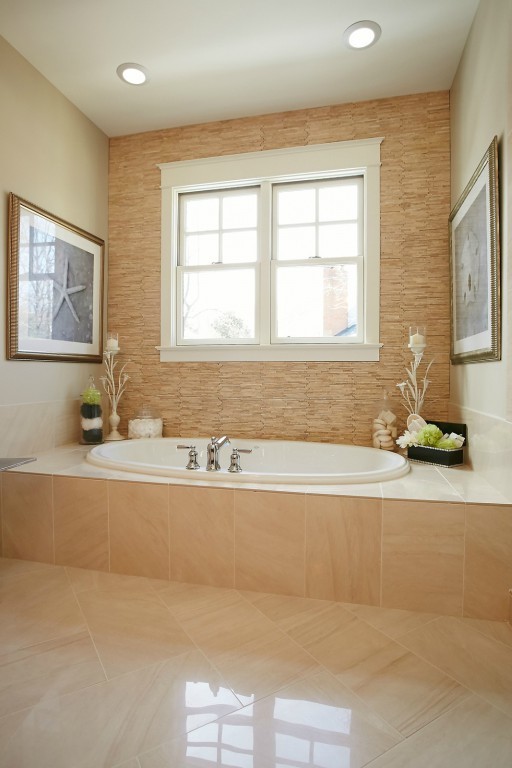 Mid-sized arts and crafts master beige tile and matchstick tile ceramic tile and beige floor bathroom photo in DC Metro with shaker cabinets, dark wood cabinets, a two-piece toilet, beige walls, an integrated sink and quartz countertops