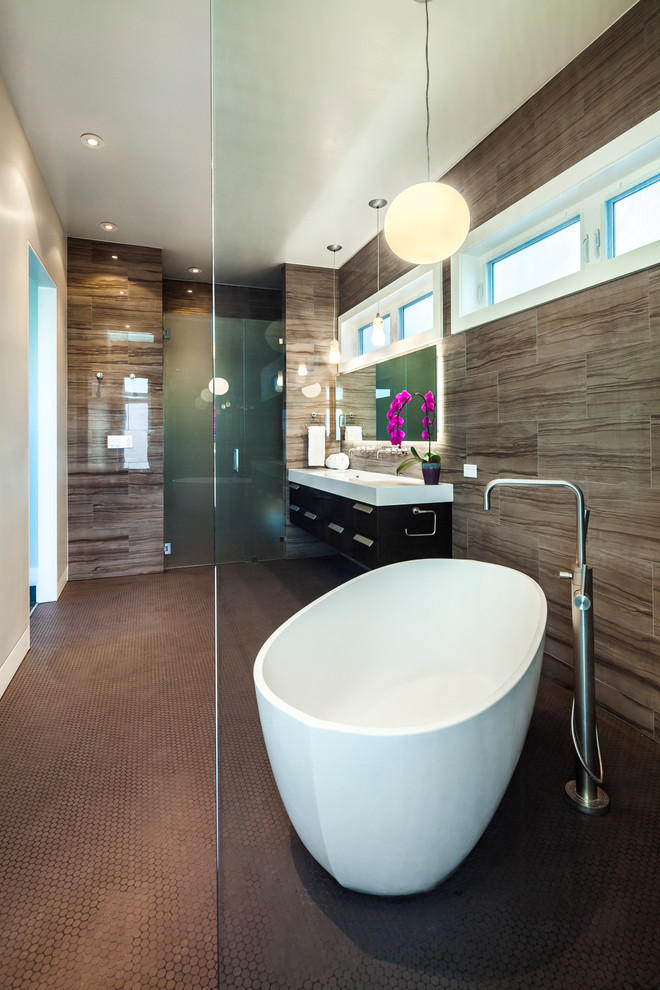 Bathroom - contemporary master brown tile and porcelain tile porcelain tile bathroom idea in San Francisco with an undermount sink, flat-panel cabinets, dark wood cabinets, quartz countertops, a two-piece toilet and white walls