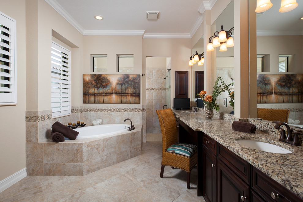 Design ideas for a large contemporary ensuite bathroom in Miami with dark wood cabinets, a corner bath, a walk-in shower, multi-coloured tiles, ceramic tiles, beige walls, terracotta flooring, a built-in sink, granite worktops, beige floors, an open shower and multi-coloured worktops.