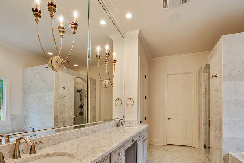 Elegant master white tile and ceramic tile ceramic tile bathroom photo in New Orleans with an undermount sink, raised-panel cabinets, gray cabinets, granite countertops and white walls